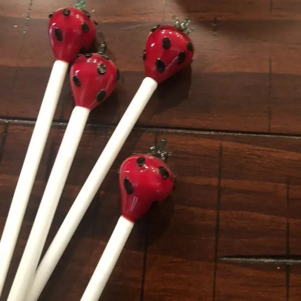 Strawberry blown art glass cocktail drink stirrers -4 adorable